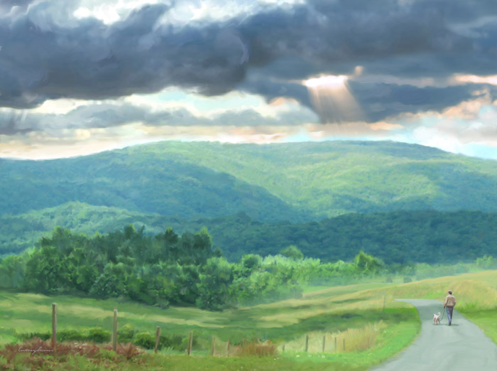 I had in mind that this painting for a dear friend's book, "Looking Through the Rain." would hopefully evoke the author's love of the Virginia countryside. It was published as a wraparound book cover by his friends posthumously so it meant a great deal to me to do justice to his writing. That's Duane, the author, walking his little pup, Teddy who I'm guessing misses Duane very much, as we all do.